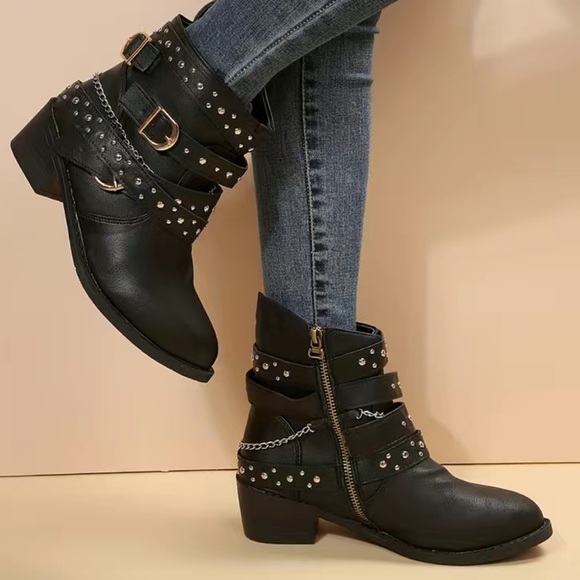 NWOT Studded Buckle Chain Ankle Boots, Chunky Low Heeled Booties, Side Zipper - Picture 2 of 10